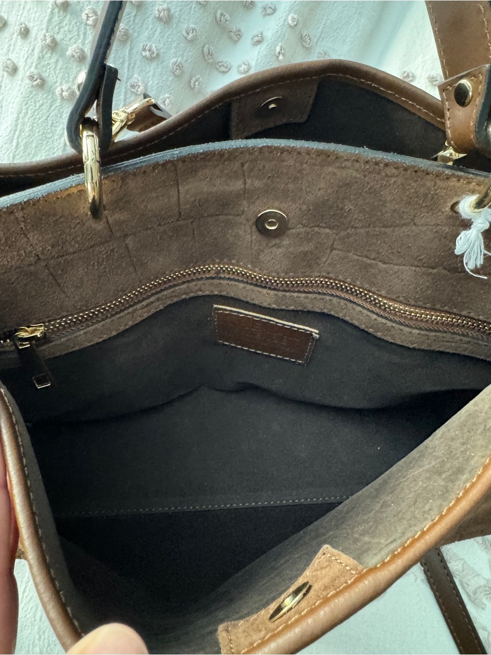 Brown Croc-Embossed Suede Top-Handle Women’s Bag - Picture 9 of 13